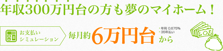 年収300万円台の方も夢のマイホーム！お支払いシミュレーション 毎月約5万円台から (年利 0.875％ 35年払い)